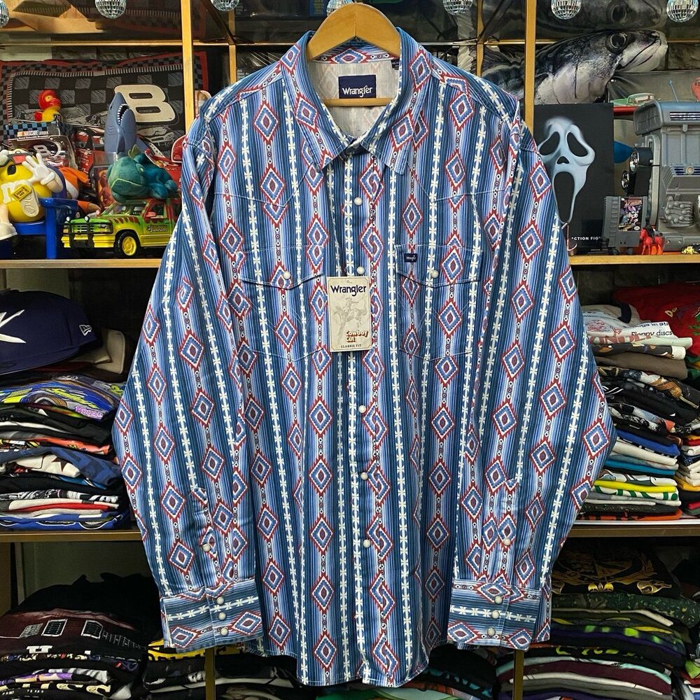 NWT Wrangler Cowboy Cut Pearl Snap Shirt 2XL Blue Aztec Southwestern Diamond